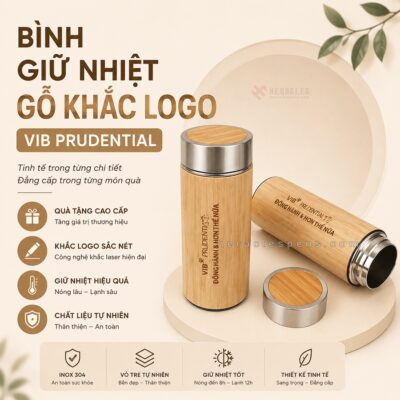 Bình giữ nhiệt vỏ gỗ tre khắc logo VIB Prudential làm quà tặng sự kiện doanh nghiệp