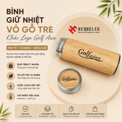 Bình giữ nhiệt vỏ gỗ tre khắc logo Golf Asia làm quà tặng sự kiện