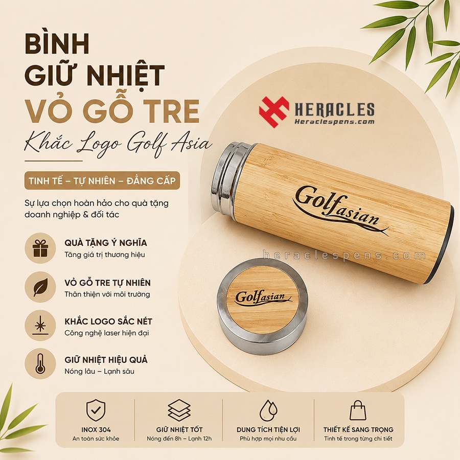 Bình giữ nhiệt vỏ gỗ tre khắc logo Golf Asia làm quà tặng sự kiện