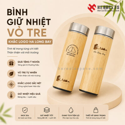 Banner bình giữ nhiệt vỏ tre khắc logo đại hội Ban quản lý Vịnh Hạ Long