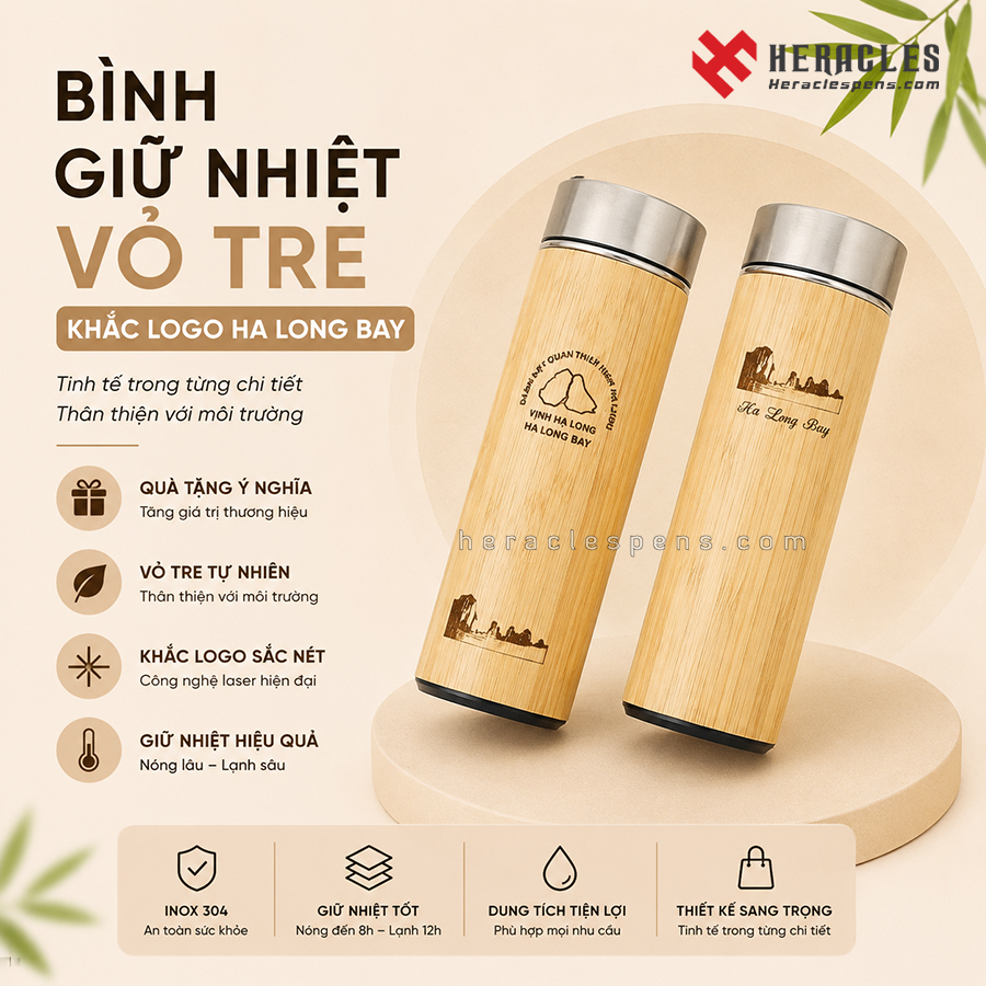 Banner bình giữ nhiệt vỏ tre khắc logo đại hội Ban quản lý Vịnh Hạ Long