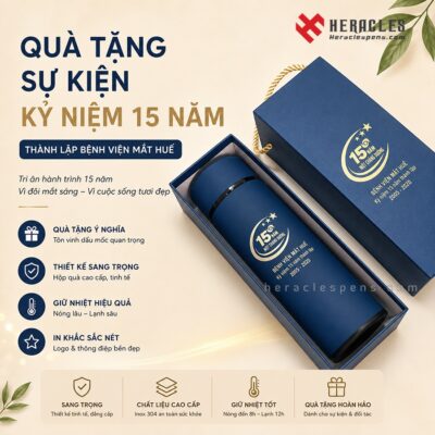 Bình giữ nhiệt in logo quà tặng sự kiện kỷ niệm 15 năm thành lập Bệnh viện Mắt Huế