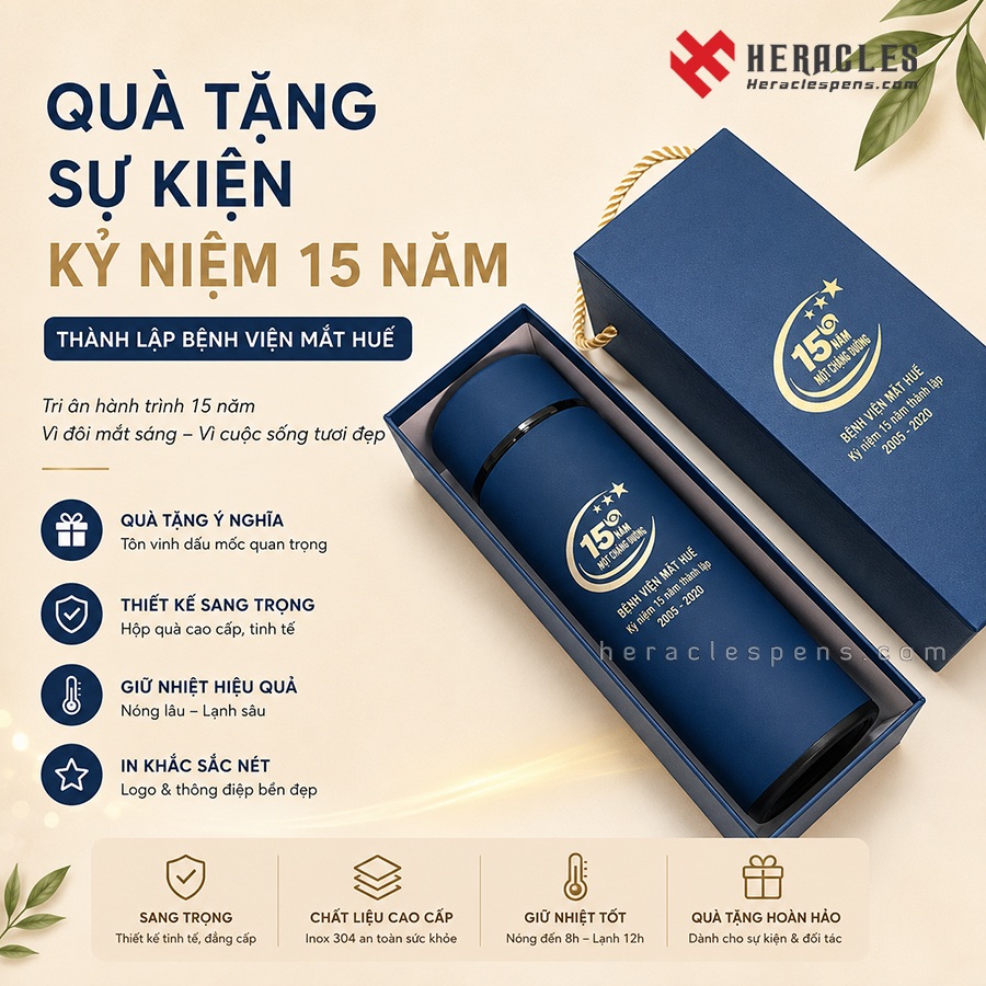 Bình giữ nhiệt in logo quà tặng sự kiện kỷ niệm 15 năm thành lập Bệnh viện Mắt Huế