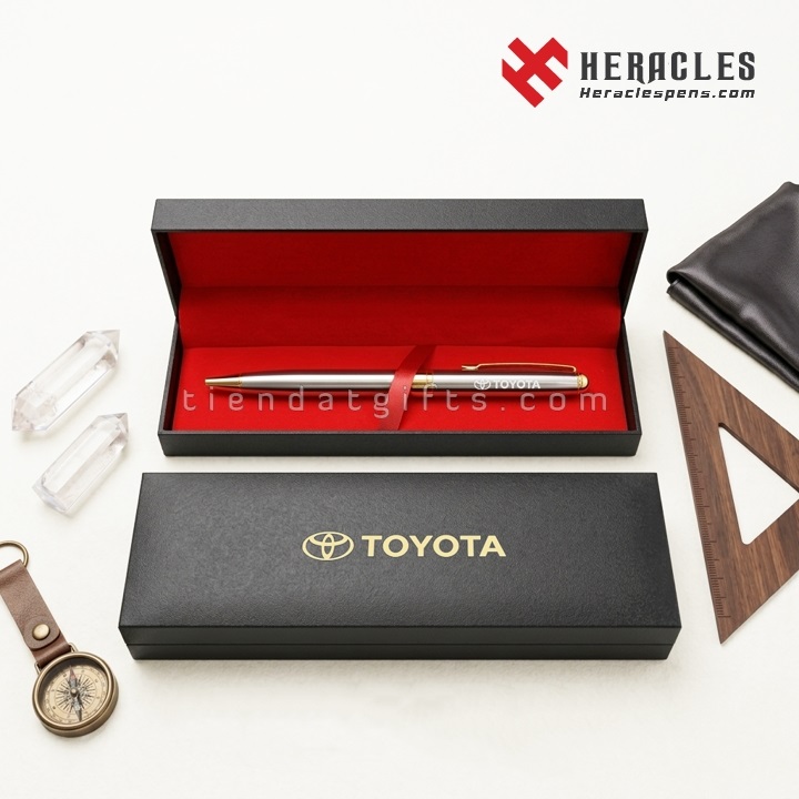 Bộ quà tặng bút ký kim loại cao cấp in khắc logo Toyota mạ vàng sang trọng đựng trong hộp giấy mỹ thuật lót nhung đỏ làm quà tặng đối tác doanh nghiệp.