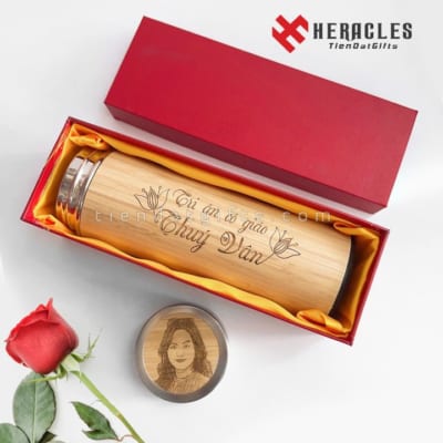 Quà 8/3 Ngày Quốc tế Phụ nữ 1 Bình giữ nhiệt gỗ vỏ trẻ khắc tên chữ hình ảnh, câu chúc theo yêu cầu, làm quà tặng tri ân thầy cô giáo chủ nhiệm 8/3 20/10 20/11