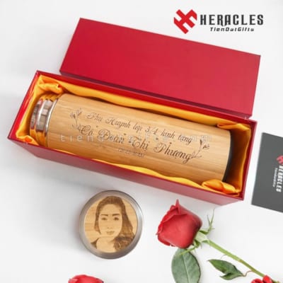 Bình giữ nhiệt gỗ khắc tên làm quà tặng tri ân thầy cô, khắc laser hình ảnh theo yêu cầu, tặng 8/3, 20/11 ý nghĩa và sang trọng