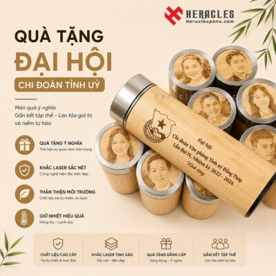 Bình giữ nhiệt gỗ khắc hình ảnh logo làm quà tặng đại hội Chi đoàn Tỉnh uỷ Văn phòng tỉnh Đồng Tháp