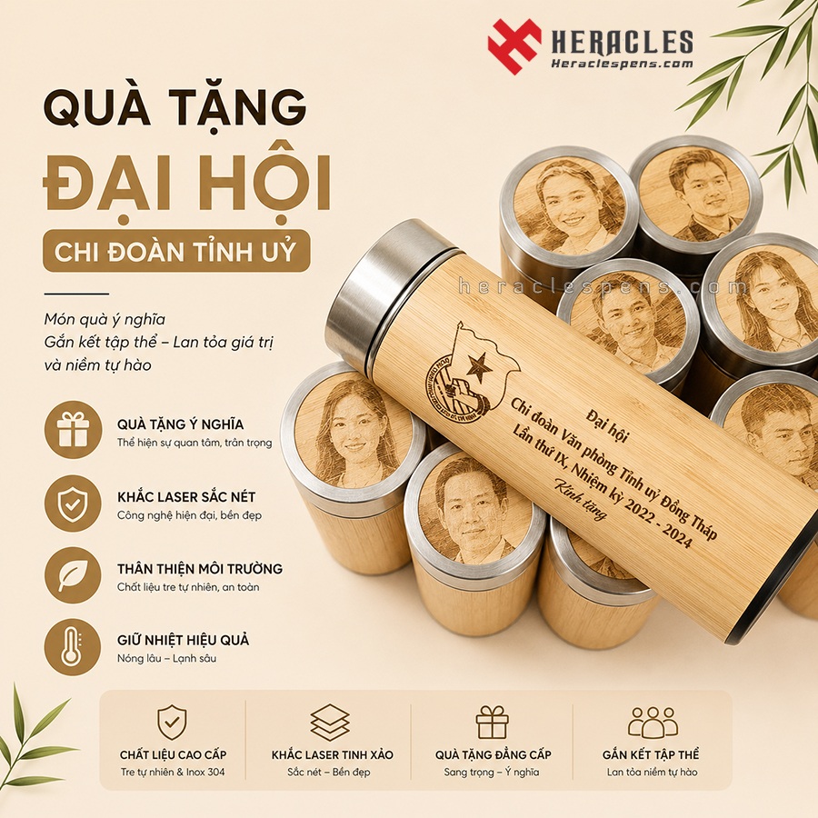 Quà tặng đại hội Chi đoàn Tỉnh uỷ Văn phòng tỉnh Đồng Tháp: Bình giữ nhiệt gỗ khắc hình ảnh, logo 9 Bình giữ nhiệt gỗ khắc hình ảnh logo làm quà tặng đại hội Chi đoàn Tỉnh uỷ Văn phòng tỉnh Đồng Tháp