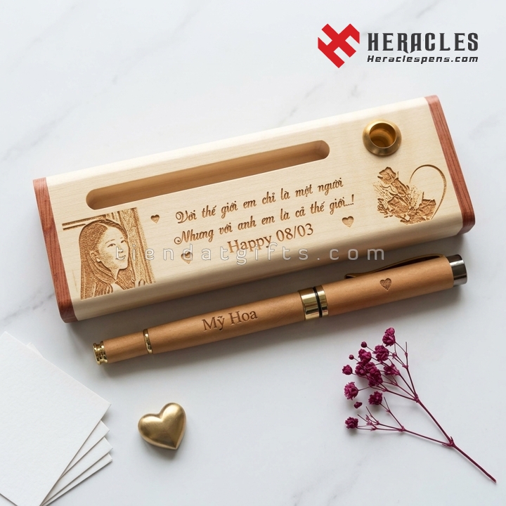 Mẫu hộp bút gỗ khắc hình chân dung và lời chúc 8/3 ý nghĩa dành tặng bạn gái Mỹ Hoa với thiết kế tinh xảo kèm bút gỗ cao cấp Heracles độc đáo nhất.