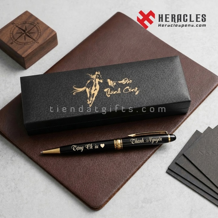 Bút ký cao cấp khắc tên Thành Nguyễn và thông điệp Tặng Ck iu ý nghĩa, hộp đựng in hình mã đáo thành công sang trọng làm quà tặng sinh nhật cho nam giới.