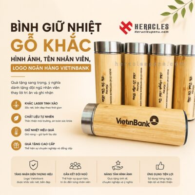 Bình giữ nhiệt gỗ khắc logo ngân hàng VietinBank làm quà tặng đại hội đoàn cơ sở