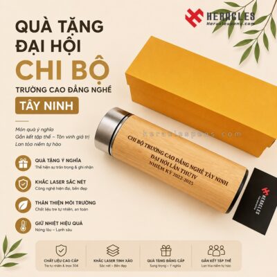 Bình giữ nhiệt gỗ vỏ tre khắc logo làm quà tặng đại hội chi bộ trường Cao đẳng Nghề Tây Ninh