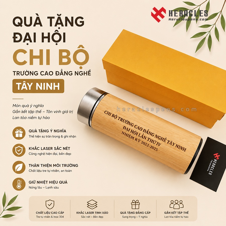 Bình giữ nhiệt gỗ vỏ tre khắc logo làm quà tặng đại hội chi bộ trường Cao đẳng Nghề Tây Ninh