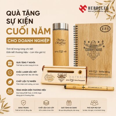 Bộ quà tặng doanh nghiệp cuối năm gồm sổ gỗ khắc tên logo EPS, bình giữ nhiệt và bút gỗ cao cấp