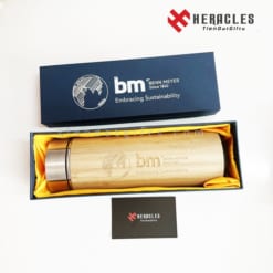 Bình giữ nhiệt gỗ cao cấp khắc logo Behn Meyer – Quà tặng doanh nghiệp cao cấp, hộp quà màu xanh sang trọng, phù hợp hội nghị và sự kiện tri ân