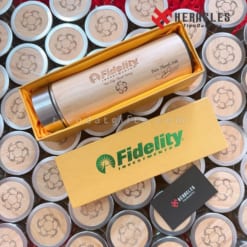 Bình giữ nhiệt gỗ khắc logo Fidelity, quà tặng doanh nghiệp tri ân khách hàng, hộp quà sang trọng in thương hiệu theo yêu cầu