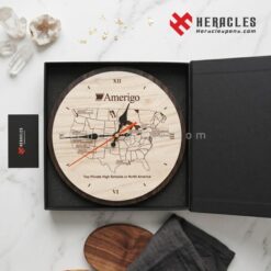 Đồng hồ gỗ khắc tên logo Amerigo làm quà tặng đại hội doanh nghiệp sang trọng thiết kế theo yêu cầu mẫu mã tinh xảo bền đẹp dùng làm quà lưu niệm.
