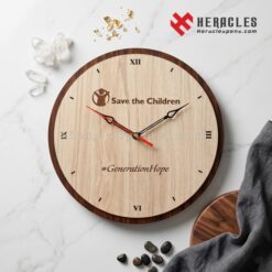 Đồng hồ gỗ treo tường hình tròn cao cấp khắc logo Save The Children làm quà tặng kỷ niệm thành lập doanh nghiệp ý nghĩa, sang trọng và rất bền bỉ.
