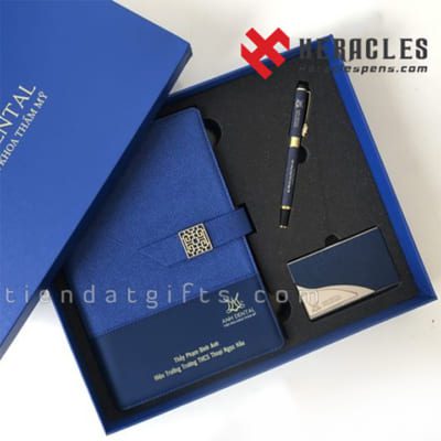 Combo Bộ quà tặng giftsets name card + bút ký + Sổ da cao cấp khắc tên, làm quà tặng đại hội doanh nghiệp, Hộp giấy đựng quà cao cấp in logo