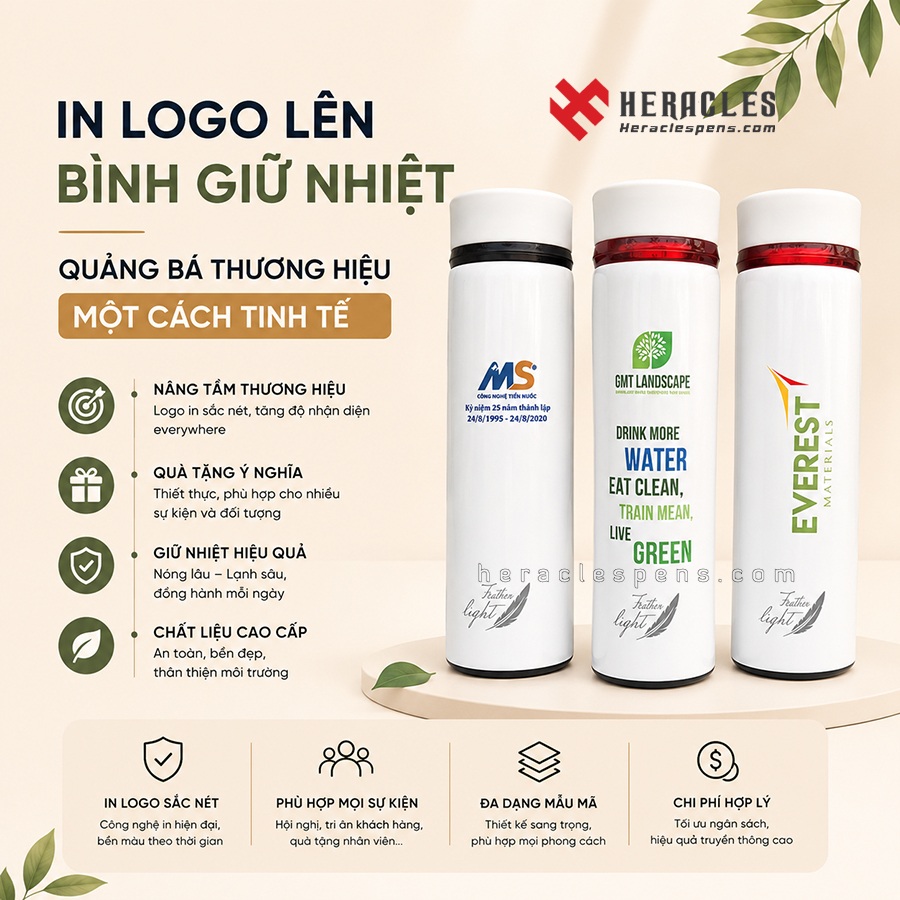 Banner dịch vụ in logo lên bình giữ nhiệt quà tặng doanh nghiệp tinh tế và chuyên nghiệp tại Heracles Pens
