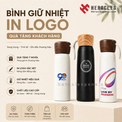 Bình giữ nhiệt in logo quà tặng khách hàng chất lượng cao, thiết kế theo yêu cầu doanh nghiệp.