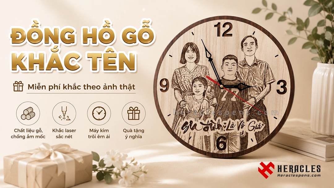 Đồng hồ gỗ khắc tên chữ hình ảnh theo yêu cầu làm quà tặng doanh nghiệp tinh xảo