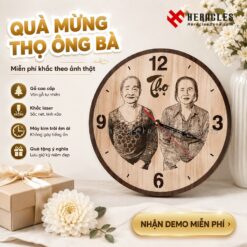Chi tiết đồng hồ gỗ khắc hình ông bà làm quà sinh nhật độc đáo, chất liệu gỗ tự nhiên vân đẹp, miễn phí thiết kế demo theo ảnh thật của khách hàng.