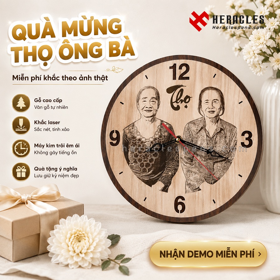Chi tiết đồng hồ gỗ khắc hình ông bà làm quà sinh nhật độc đáo, chất liệu gỗ tự nhiên vân đẹp, miễn phí thiết kế demo theo ảnh thật của khách hàng.
