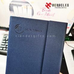 Sổ tay bìa da cao cấp màu xanh navy dập chìm logo Sun Times quà tặng doanh nghiệp Heracles