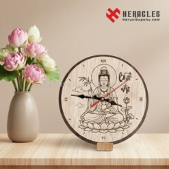 Đồng hồ gỗ khắc Phật – Quà tặng phong thủy mang lại Bình An và May Mắn 10 Đồng hồ gỗ: Phật Bà Quan Âm tọa sen, khắc chữ