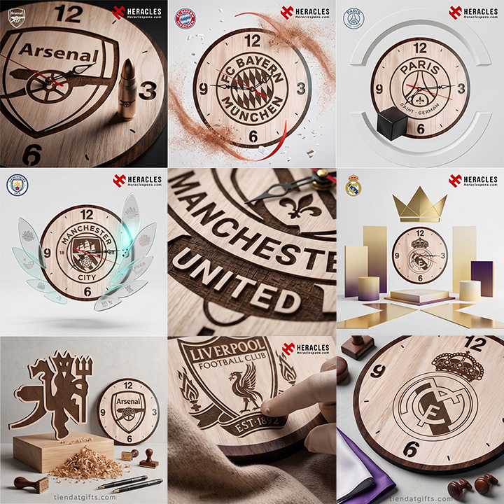 Mẫu đồng hồ gỗ treo tường khắc logo Arsenal, Man City, Real Madrid và Liverpool tinh xảo, quà tặng decor độc đáo dành riêng cho cộng đồng người hâm mộ bóng đá.