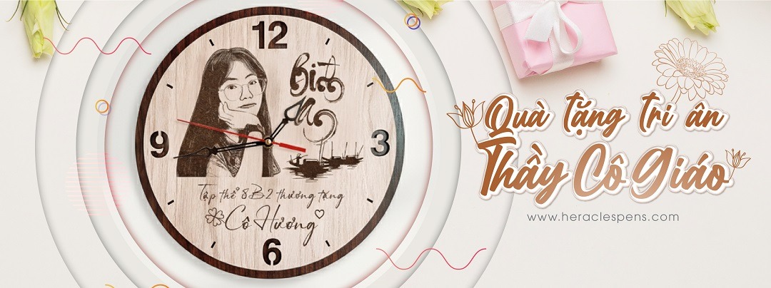 Banner quà tặng tri ân thầy cô giáo - Đồng hồ gỗ khắc chân dung và lời chúc ý nghĩa từ Heracles Pens và Công ty quà tặng doanh nghiệp Tiến Đạt Gifts