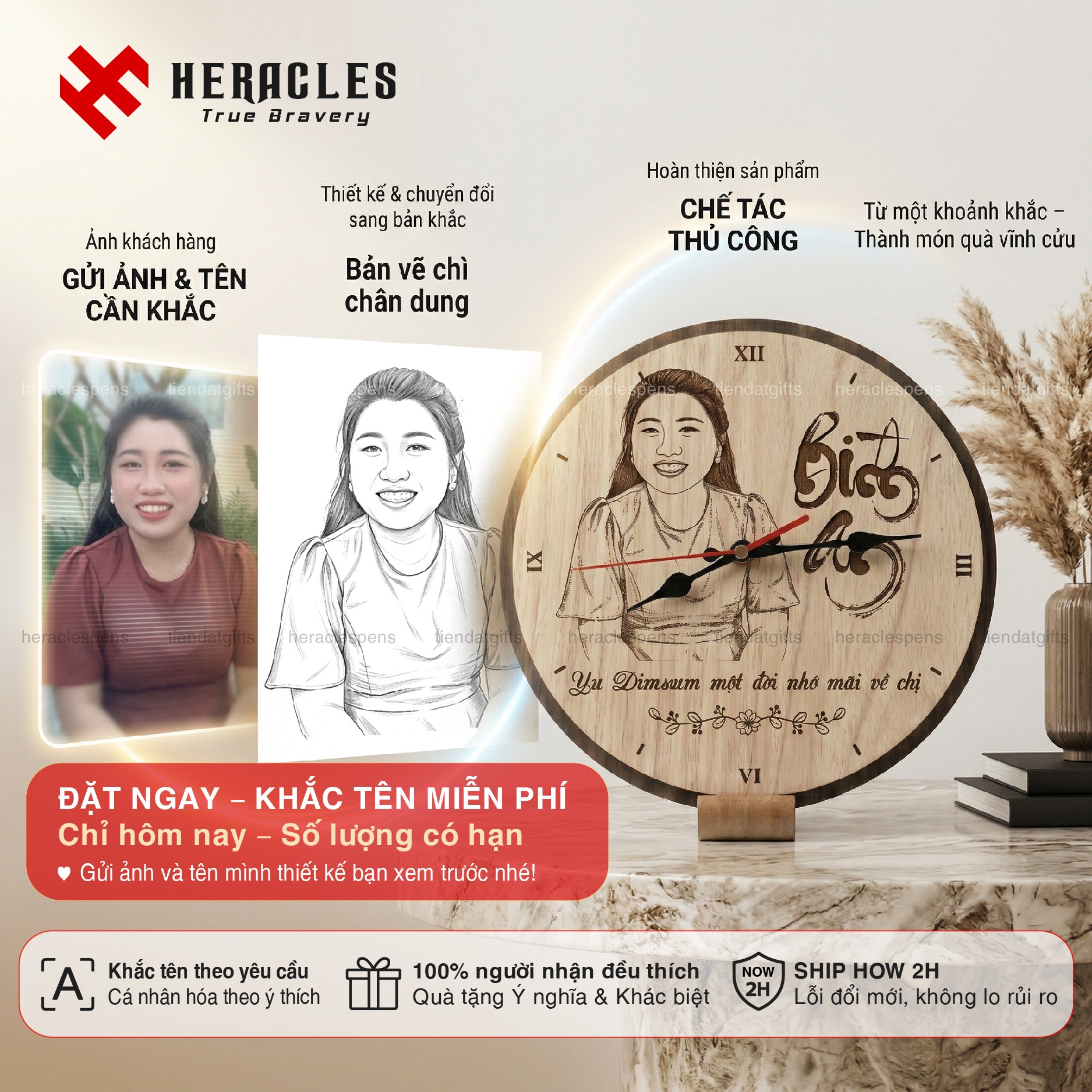 Đồng hồ gỗ khắc chân dung nghệ thuật Heracles theo yêu cầu, quà tặng gỗ khắc tên cá nhân hóa độc đáo kèm bản vẽ chì tinh xảo và dịch vụ giao hàng nhanh 2H.