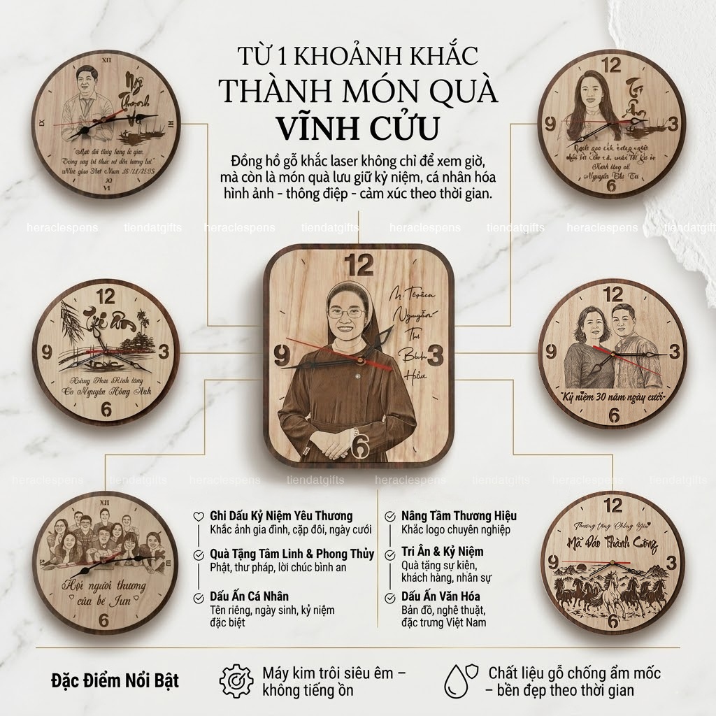 Đồng hồ gỗ khắc chân dung laser làm quà tặng kỷ niệm cá nhân hóa độc đáo theo yêu cầu giúp lưu giữ khoảnh khắc vĩnh cửu và thông điệp ý nghĩa bền đẹp.