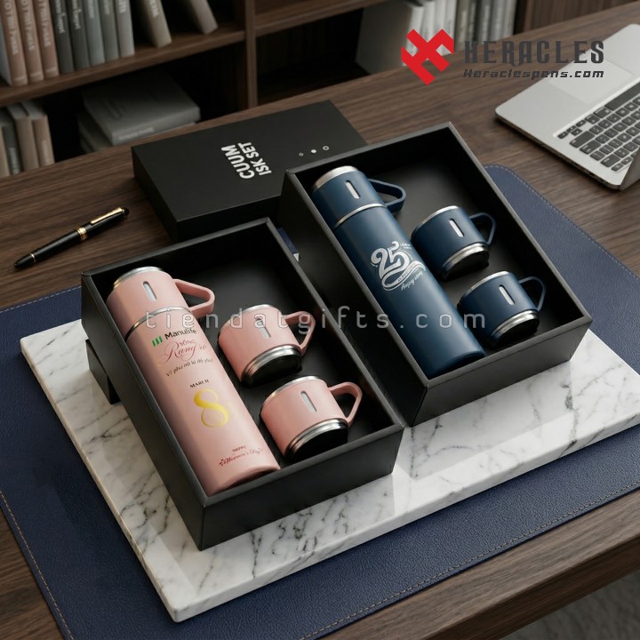 Bộ quà tặng bình giữ nhiệt in logo doanh nghiệp Manulife và kỷ niệm 25 năm thiết kế tinh tế sang trọng từ xưởng in bình giữ nhiệt theo yêu cầu giá tốt nhất.