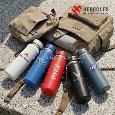 Hình ảnh thực tế bộ quà tặng bình giữ nhiệt in logo Coca-Cola, Ford, VinFast, AhaMove, PQC trên bàn làm việc, được sản xuất tại xưởng in bình giữ nhiệt uy tín chuyên nghiệp.