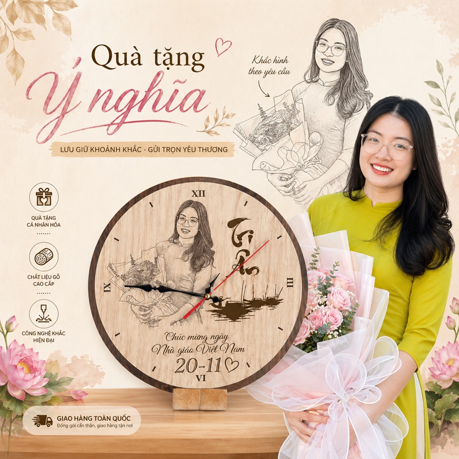 Đồng hồ gỗ khắc chân dung theo yêu cầu làm quà tặng 20-11 ý nghĩa cho thầy cô giáo, chất liệu gỗ cao cấp bền đẹp, công nghệ khắc laser tinh xảo từ Heracles.