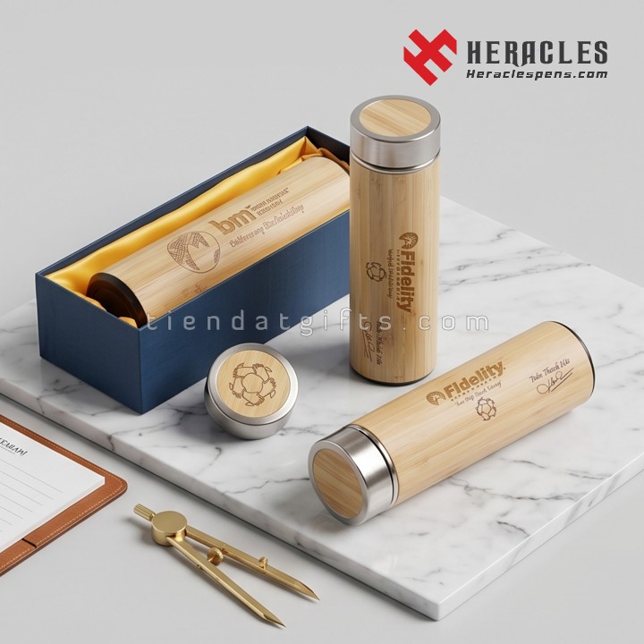 Bình giữ nhiệt gỗ khắc logo cao cấp làm quà tặng doanh nghiệp sang trọng tinh tế, vỏ tre tự nhiên thân thiện môi trường khắc laser theo yêu cầu sắc nét.