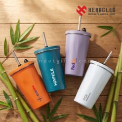 Ly giữ nhiệt in logo giá rẻ cho sự kiện hội nghị doanh nghiệp mẫu LGN 008 thiết kế nắp kín kèm ống hút tiện lợi giúp quảng bá hình ảnh công ty hiệu quả nhất.