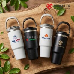 Sản phẩm ly giữ nhiệt in logo theo yêu cầu thiết kế hiện đại có nắp lọc trà tiện dụng làm từ chất liệu thép không gỉ 304 siêu bền và an toàn sức khỏe.