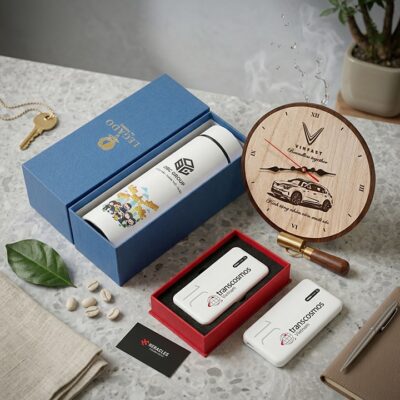 Bộ quà tặng doanh nghiệp cao cấp gồm bình giữ nhiệt in logo, đồng hồ gỗ VinFast sang trọng, sạc dự phòng transcosmos và hộp đựng quà tặng xanh dương.