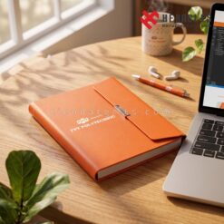 Chi tiết logo FPT được in dập chìm trên bìa sổ da còng A5 màu cam cực kỳ sắc nét, thể hiện đẳng cấp thương hiệu và kỹ thuật gia công tinh tế của xưởng sổ.