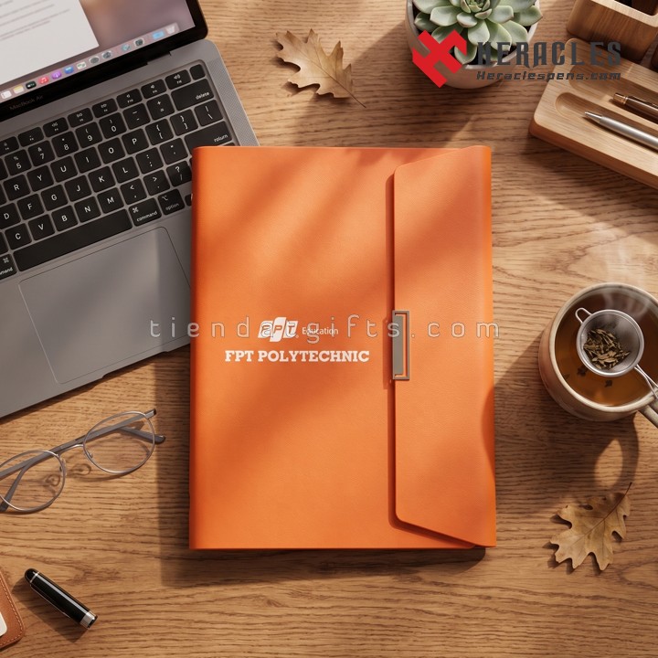 Tổng thể dự án sản xuất sổ da bìa còng A5 màu cam in logo FPT số lượng lớn, giải pháp quà tặng marketing chuyên nghiệp cho các doanh nghiệp tại Việt Nam.