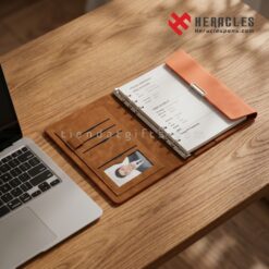 Sổ da bìa còng A5 màu cam in logo FPT nổi bật, mẫu sổ tay quà tặng doanh nghiệp cao cấp thiết kế sang trọng, đường may tinh xảo và chất lượng da bền đẹp.