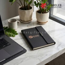 Cận cảnh chất liệu da Simili và đường may mép sổ tay bìa còng gập 3 màu đen có quai cài nam châm chắc chắn kết hợp ngăn đựng namecard tiện lợi cho người dùng.