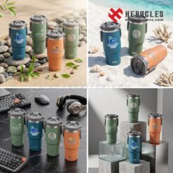 Cận cảnh ly giữ nhiệt in logo quà tặng LGN 007 dung tích 530ml, kích thước 18.2 x 9.2 cm chuẩn xác, bề mặt sơn tĩnh điện màu đen huyền bí sang trọng.