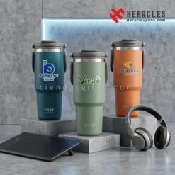 Hình ảnh ly giữ nhiệt in logo quà tặng LGN 007 màu xanh mint trẻ trung, thiết kế miệng bình rộng dễ vệ sinh và tay cầm thoải mái cho người sử dụng.