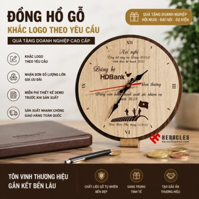 Đồng hồ gỗ để bàn khắc logo doanh nghiệp HDBank làm quà tặng đại hội cao cấp sang trọng, thiết kế theo yêu cầu tinh tế bền đẹp và ý nghĩa tại Heracles.
