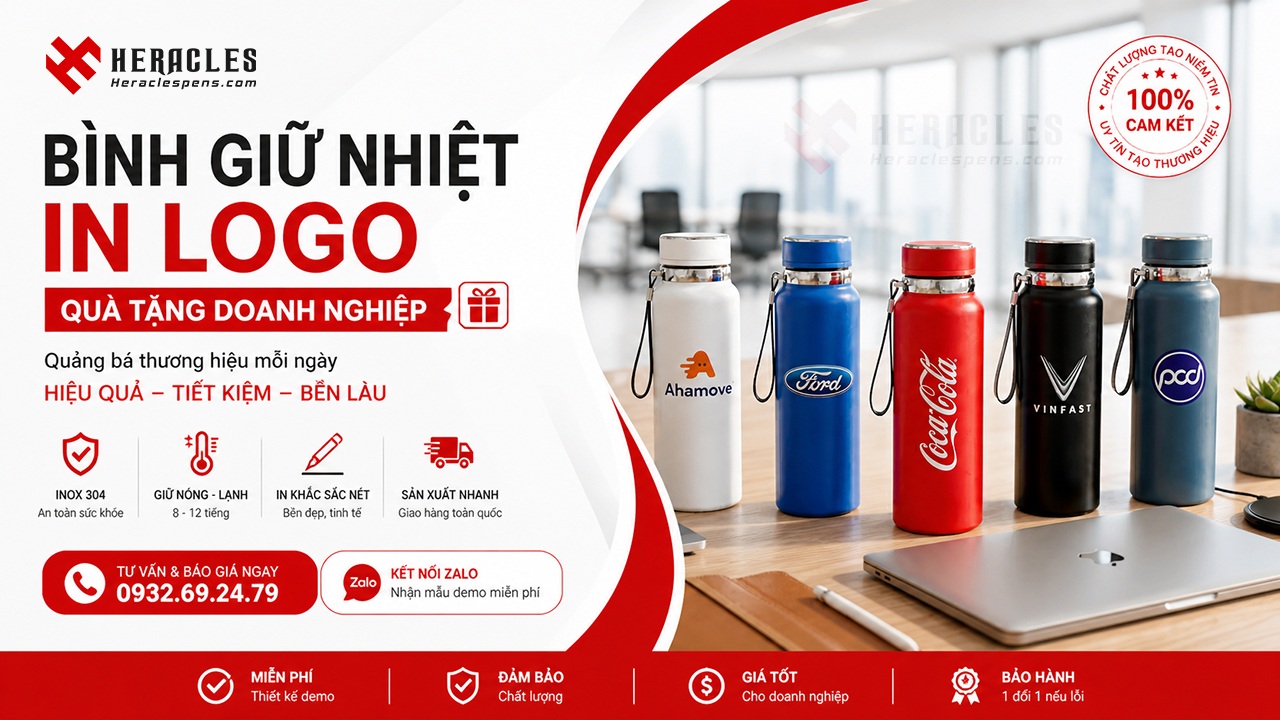 Bình giữ nhiệt in logo cao cấp thiết kế khắc tên thương hiệu tinh xảo làm quà tặng doanh nghiệp ý nghĩa giúp quảng bá hình ảnh đơn vị chuyên nghiệp nhất.