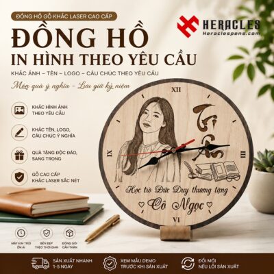 Đồng hồ gỗ in hình theo yêu cầu Heracles mẫu quà tặng khắc chân dung bằng laser sắc nét trên nền gỗ cao cấp tinh tế làm quà tặng ý nghĩa tặng thầy cô giáo.